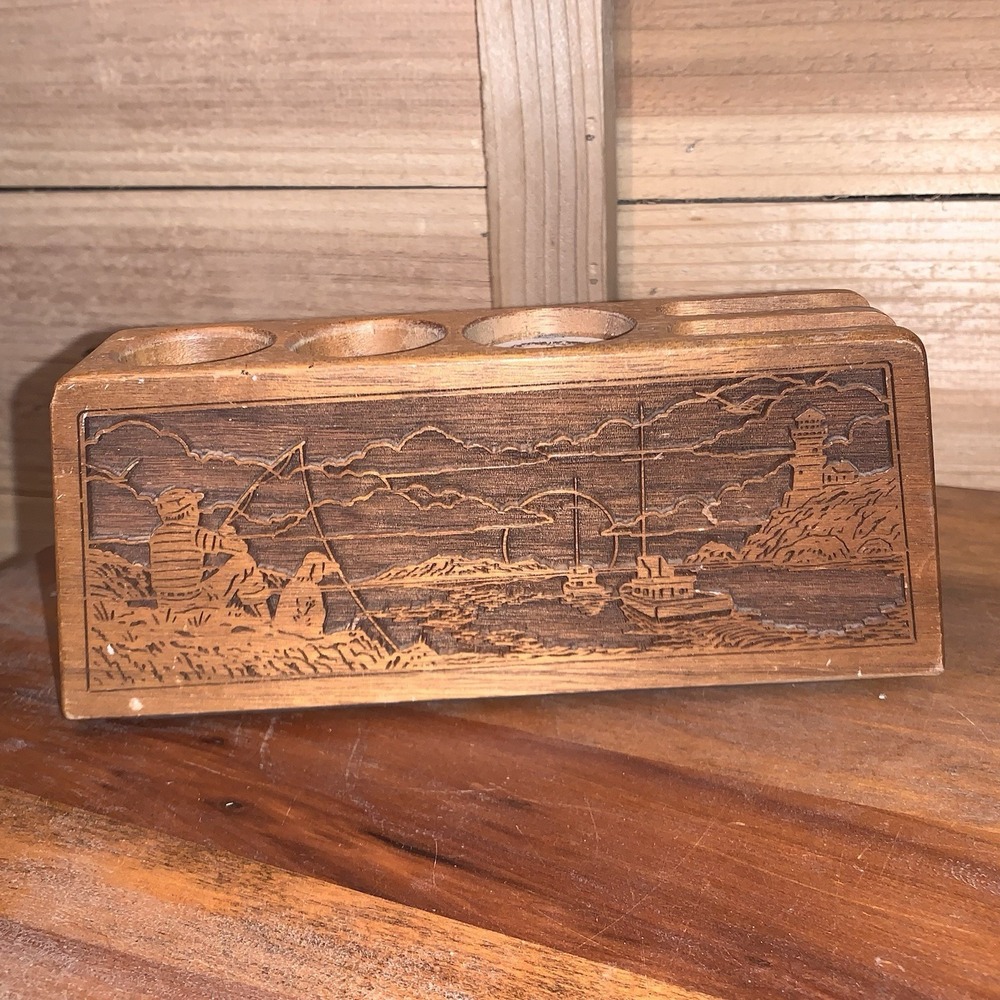 VTG Lasercraft Engraved Fishing Walnut Wood Desk Pen Pencil Card Holder 1988
